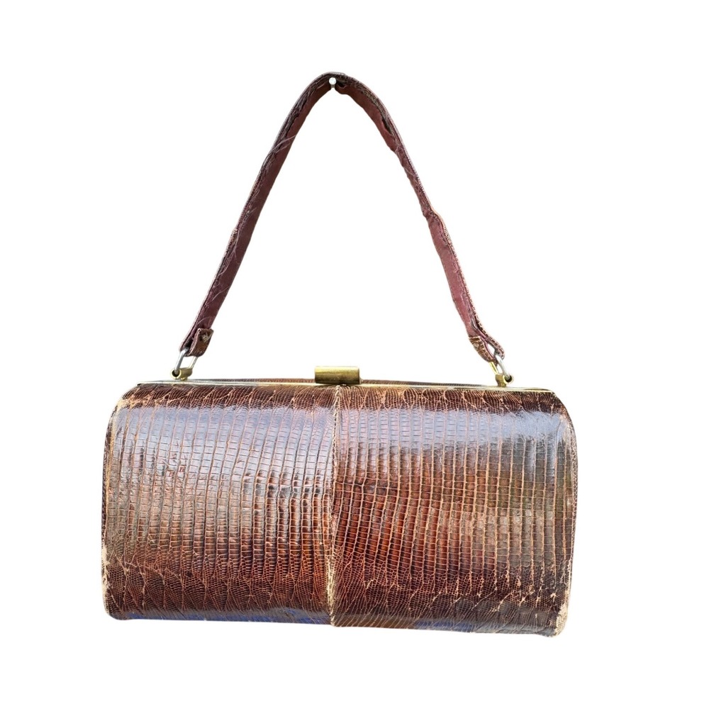 Vintage Brown Lizard Skin Frame Bag Mid Century Exotic Leather Purse Brass Trim